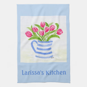 Handbemalte Wasserfarben-Tulpen, Blaugestreifte Ka Geschirrtuch