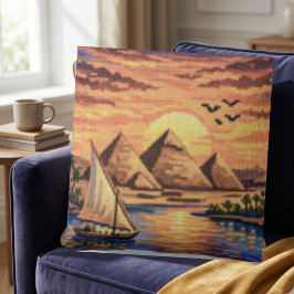 Handcrafted-Effect Giza Pyramids & Nile Sunset Kissen