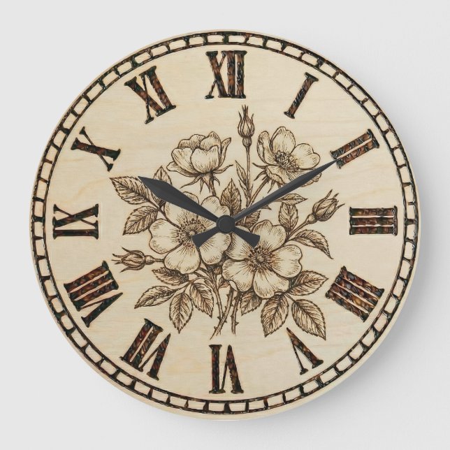 Handcrafted Floral Wood Wall Clock Große Wanduhr (Vorderseite)