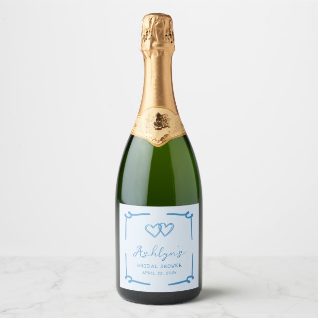 HandDrawn Blue Heart Brautparty Champagne Label (Vorderseite)