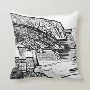 Hände, die Klavier bw-Skizzemusikentwurf spielen Kissen