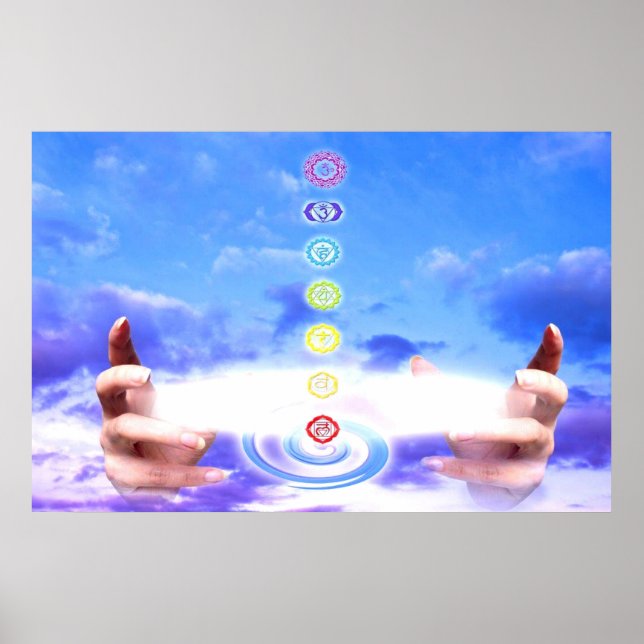 Hände, Energie, Chakra-Symbole, blau Poster (Vorne)
