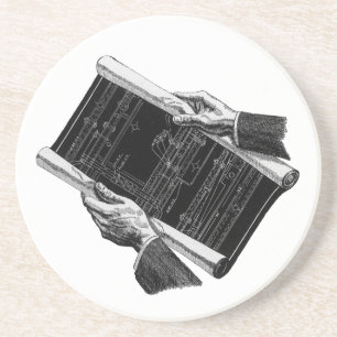 Hände mit architektonischen Blaupausen, Vintage-Ge Getränkeuntersetzer