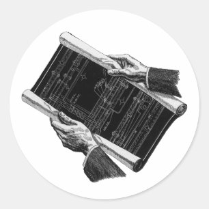 Hände mit architektonischen Blaupausen, Vintage-Ge Runder Aufkleber