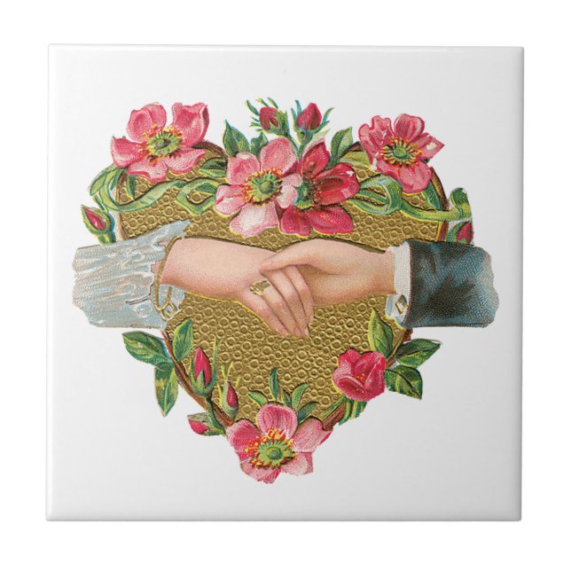 Hände mit Blume, Vintager Viktorianischer Valentin Fliese (Vorderseite)