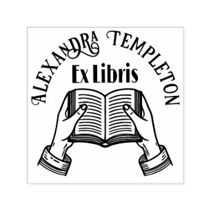 Hände mit offenem Buch #1PS Ex Libris Book Name Permastempel