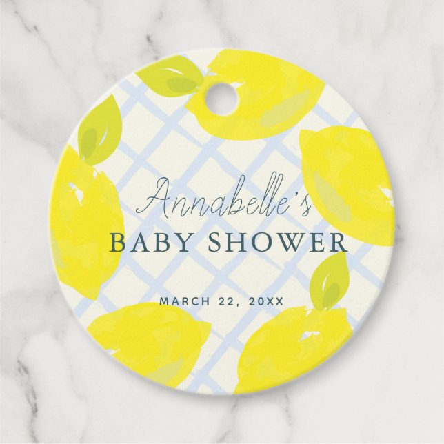 Händegemalte Lemon Blue Baby Dusche Danke Geschenkanhänger (Vorderseite)