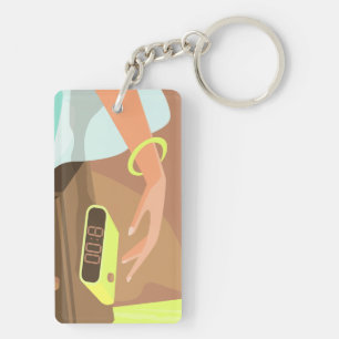 Händeschalten auf den Knopf Wecker-Schlummertaste Schlüsselanhänger