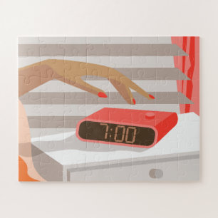 Händeschalten der Frauen auf den Knopf für den Wec Puzzle