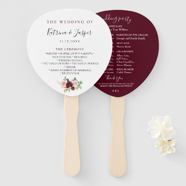 Handfans für das Hochzeitsprogramm von Burgund Blu Fächer (Vorne und Hinten)