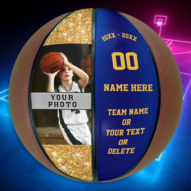Handgedruckte Basketbälle für Mädchen Ihr Foto, Te Basketball (Personalized Basketballs, Gifts for Basketball Seniors, Girls. Photo Basketball, Blue and Gold.)