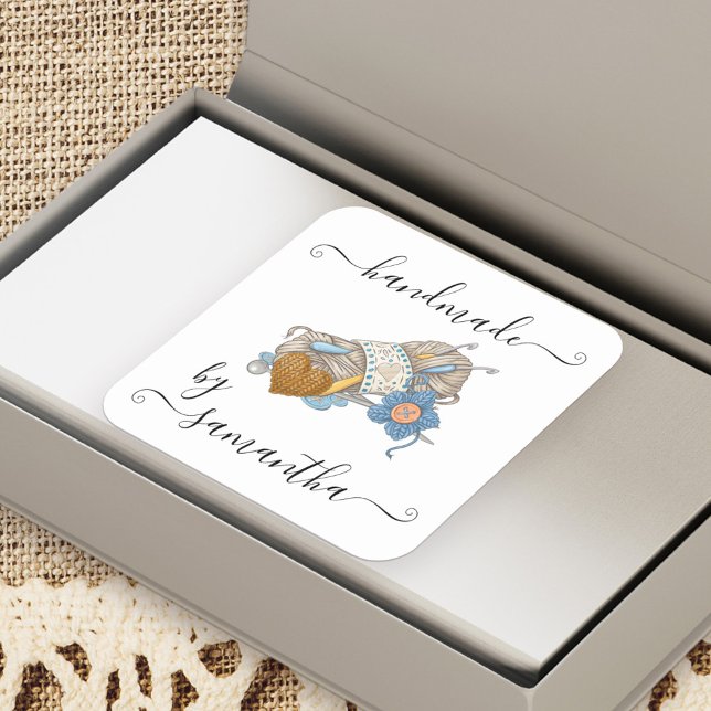 Handgefertigt aus Individuelle Name-Garnhaken und  Quadratischer Aufkleber (Handmade by .. labels for handcrafted products)