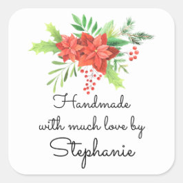 Handgefertigt mit dem Liebe Name Poinsettia Weihna Quadratischer Aufkleber