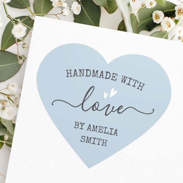 Handgefertigt mit Herz-Liebe-Namen staubig hellbla Herz-Aufkleber (Handmade with love hearts name dusty light blue heart sticker)
