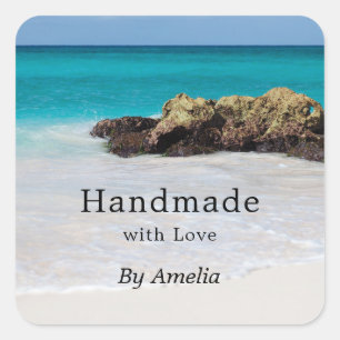 Handgefertigt mit Liebe Azure Ocean Sandy Beach Fo Quadratischer Aufkleber