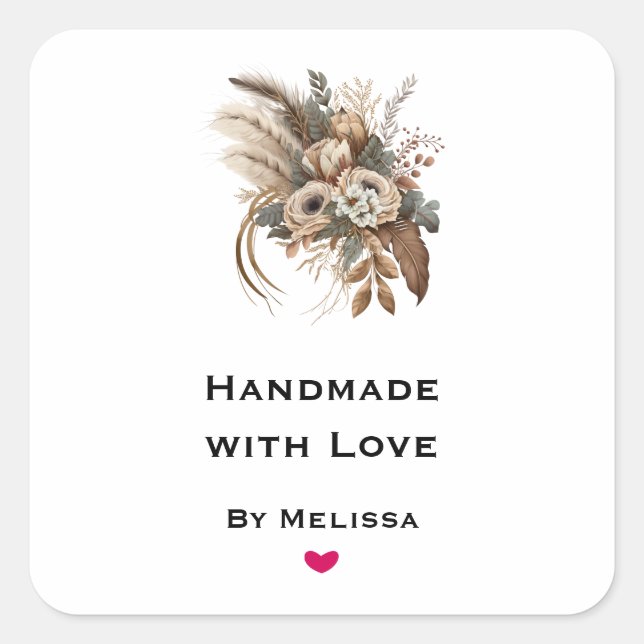 Handgefertigt mit Liebe Blume Folien und Federn Quadratischer Aufkleber (Vorderseite)
