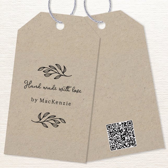 Handgefertigt mit Liebe Braunes Papier QR-Code-Pre Geschenkanhänger (Hand Made with Love custom name botanical leaf line art small business maker QR code price tag)