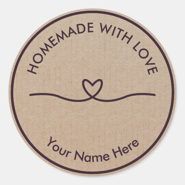 Handgefertigt mit Liebe Brown Kraft Runder Aufkleber (Vorderseite)