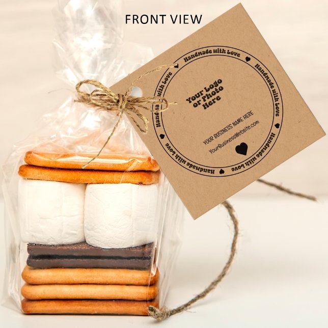 Handgefertigt mit Liebe Business Insert - einfarbi Geschenkanhänger ("Handmade with Love" Business Insert Black Heart Real Kraft Paper Favor Tags - Front View)