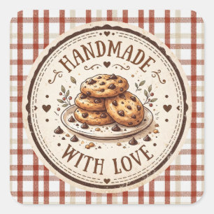 Handgefertigt mit Liebe   Chocolate Chip Cookies Quadratischer Aufkleber