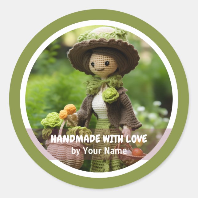 Handgefertigt mit Liebe Crochet Lady Garden Runder Aufkleber (Vorderseite)