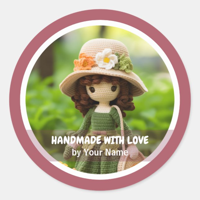 Handgefertigt mit Liebe Crochet Lady Garden Runder Aufkleber (Vorderseite)