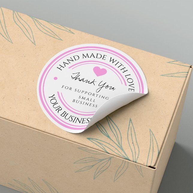handgefertigt mit Liebe | Danke, schwarz-rosa Aufk Runder Aufkleber (handmade with love | thank you Classic Round Sticker. #pinkthankyou #supportbusiness #modern #simple)