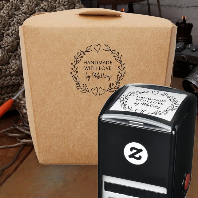 Handgefertigt mit Liebe Doodle Botanischer Kranz Permastempel (Handmade with Love signed self-inking stamp with line drawn wreath)