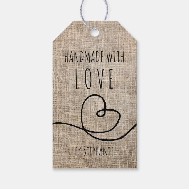 Handgefertigt mit Liebe Doodle Rustic Burlap Geschenkanhänger (Vorderseite)