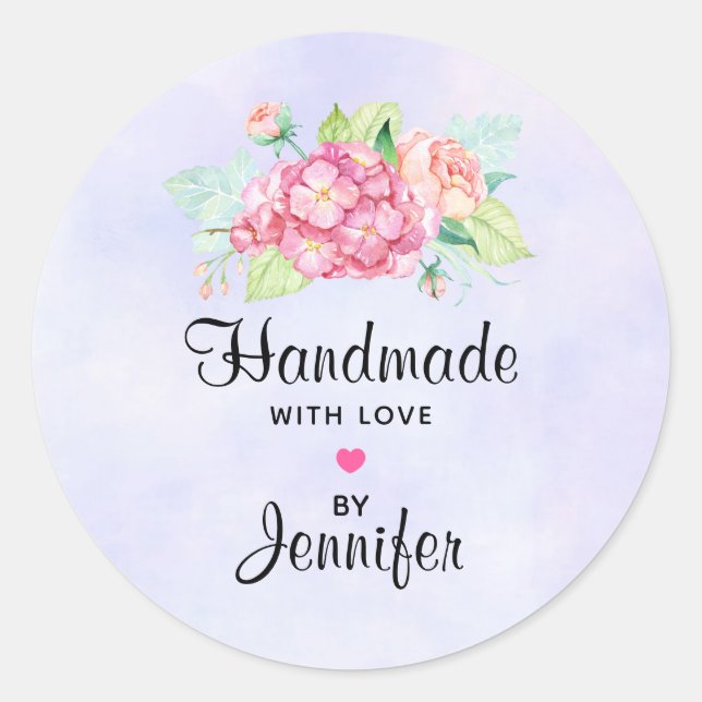 Handgefertigt mit Liebe Elegante Rosa Aquarellfarb Runder Aufkleber (Vorderseite)