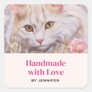 Handgefertigt mit Liebe Elegante weiße Katze in Ju Quadratischer Aufkleber