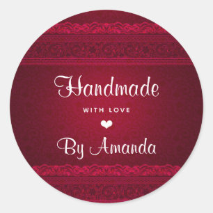 Handgefertigt mit Liebe Eleganter Roter Hintergrun Runder Aufkleber