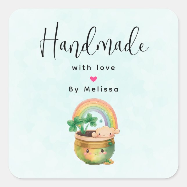 Handgefertigt mit Liebe Garden Planter mit Regenbo Quadratischer Aufkleber (Vorderseite)