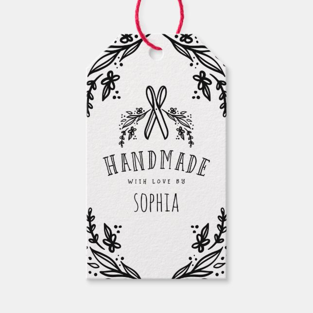 Handgefertigt mit Liebe gezeichnet Florals & Scher Geschenkanhänger (Vorderseite)