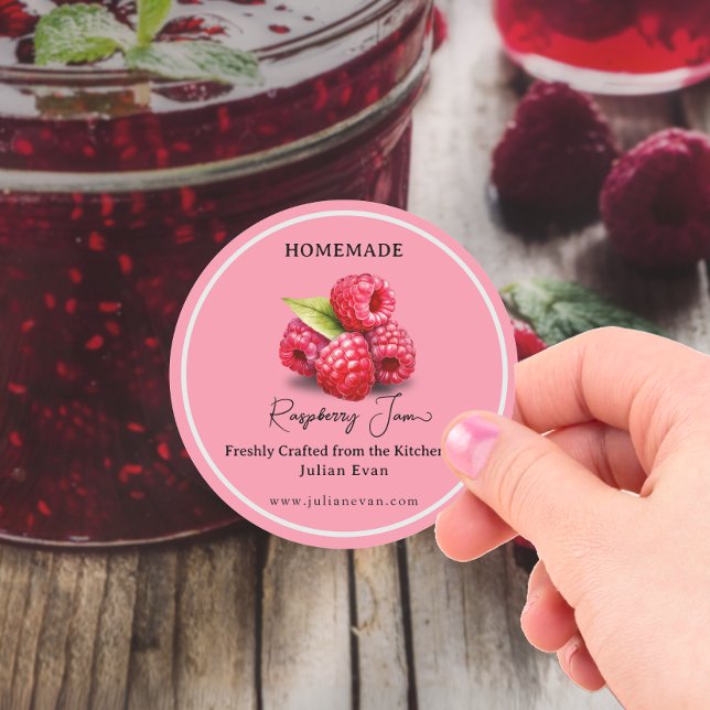 Handgefertigt mit Liebe, hausgemachte Himbeere Runder Aufkleber (Crafted with Love Homemade Raspberry Jam Classic Round Sticker)