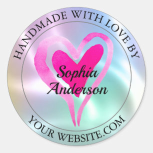 Handgefertigt mit Liebe, Herz & Name, Irisierend 2 Runder Aufkleber