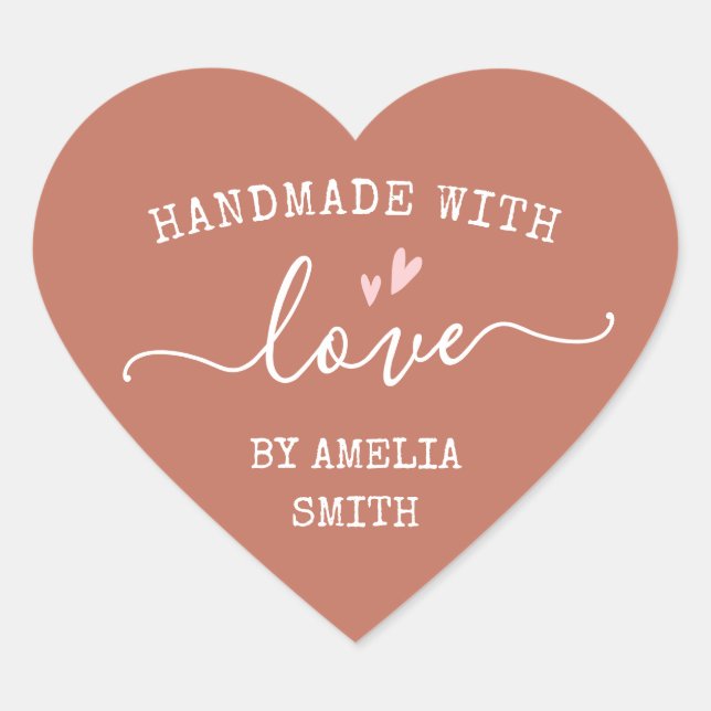 Handgefertigt mit Liebe Herz Name Terracotta braun Herz-Aufkleber (Vorderseite)