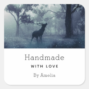 Handgefertigt mit Liebe Hirsch mit Antlern in eine Quadratischer Aufkleber