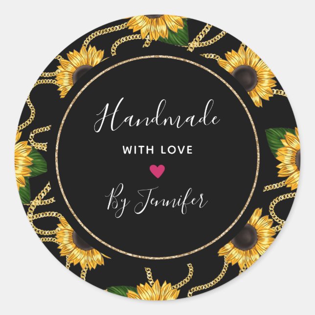 Handgefertigt mit Liebe Hochwertige gelbe Sonnenbl Runder Aufkleber (Vorderseite)