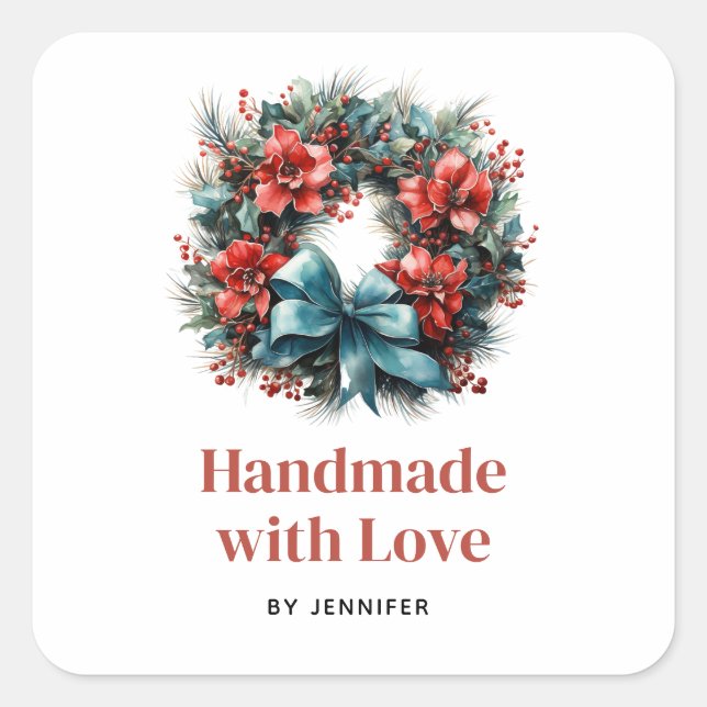 Handgefertigt mit Liebe Kiefer mit Holly Quadratischer Aufkleber (Vorderseite)