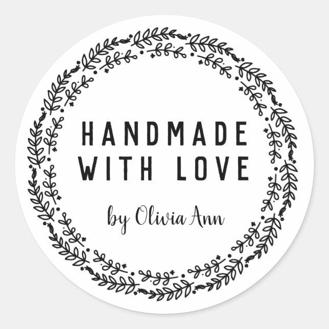 Handgefertigt mit Liebe Laurel Personalisiert Aufk Runder Aufkleber (Vorderseite)
