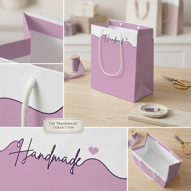 Handgefertigt mit Liebe Lila Verpackung für Kleinu Mittlere Geschenktüte (Lavender "Handmade" gift bag with white rope handles for boutique small business packaging)