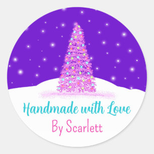 Handgefertigt mit Liebe Lila Weihnachtsbaum Runder Aufkleber