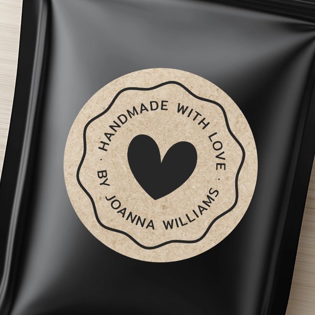 Handgefertigt mit Liebe-Name Wavy Border Kraft Loo Runder Aufkleber (Handmade with love name wavy border Kraft look Classic Round Sticker)