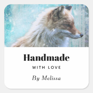 Handgefertigt mit Liebe Niedlich Furry Fox Portrai Quadratischer Aufkleber