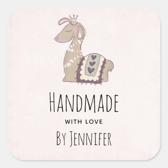 Handgefertigt mit Liebe Niedlicher Llama Tragen ei Quadratischer Aufkleber (Vorderseite)