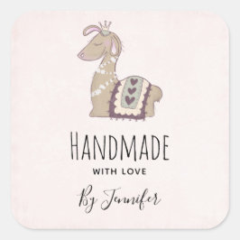 Handgefertigt mit Liebe Niedlicher Llama Tragen ei Quadratischer Aufkleber