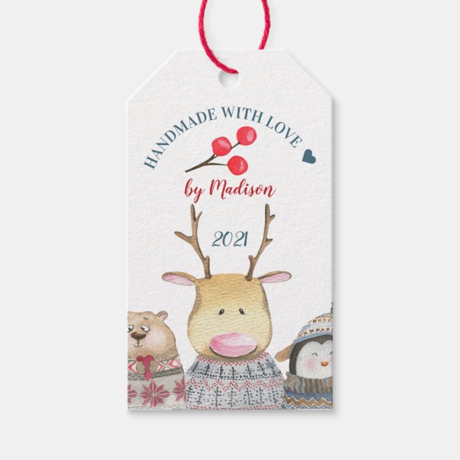 Handgefertigt mit Liebe Niedlicher Tiere Winterges Geschenkanhänger (Vorderseite)