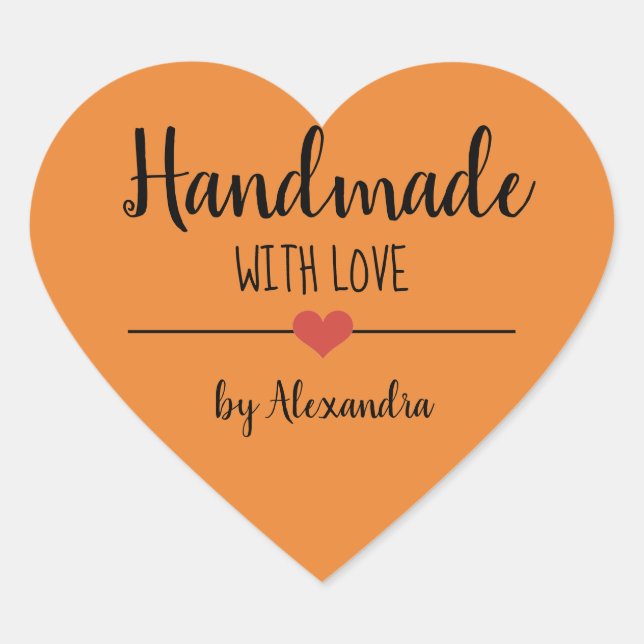 Handgefertigt mit Liebe-Orange-Schriftzeichen Herz-Aufkleber (Vorderseite)