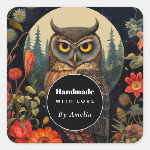 Handgefertigt mit Liebe Owl bei Nacht mit Vollmond Quadratischer Aufkleber